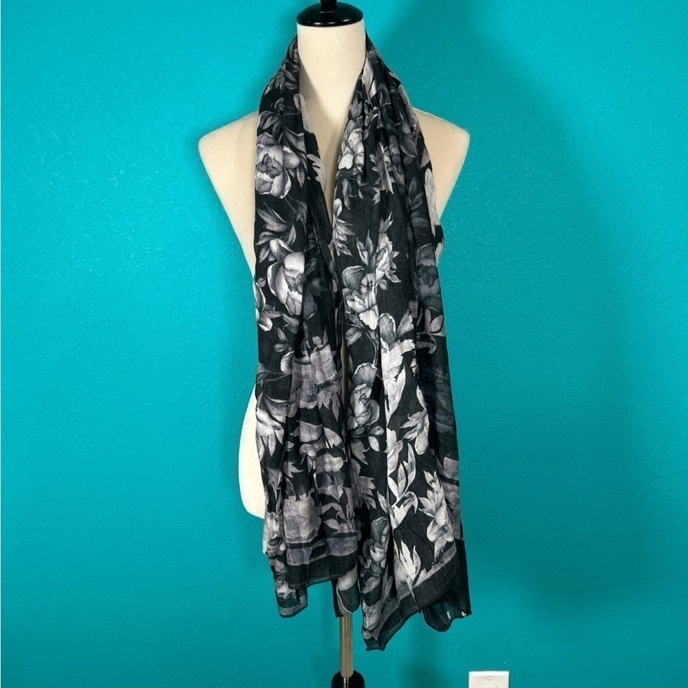 Black floral flowers thin scarf